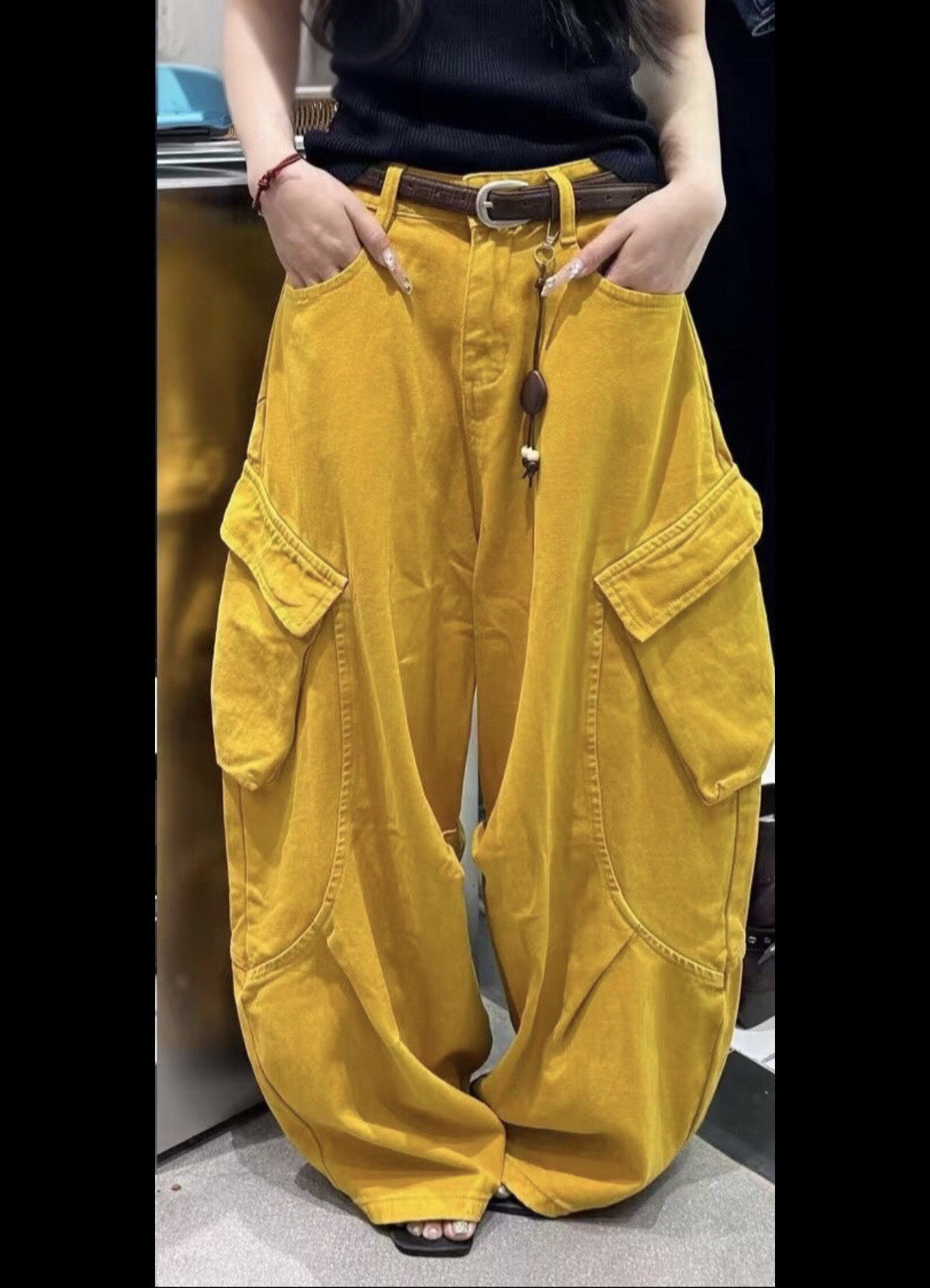 欧货秋冬新款设计感褶皱宽松大口袋工装牛仔裤慵懒风弯刀灯笼裤女