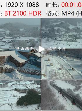 航拍吉林松岭雪村冬天积雪覆盖绿皮火车旅游开发高清实拍视频素材