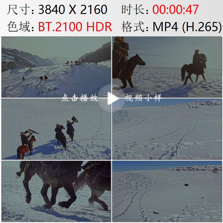航拍新疆伊犁昭苏冰雪覆盖山区牧民猎人金雕捕猎高清实拍视频素材
