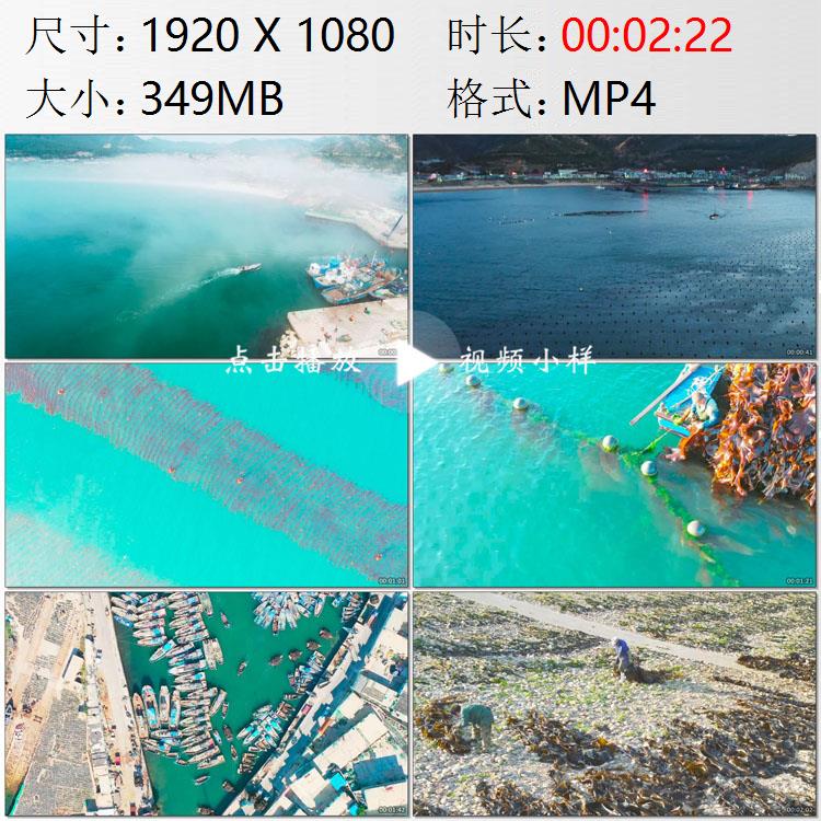 航拍山东烟台大钦岛海湾海岛村民驾船出海海带养殖实拍视频素材