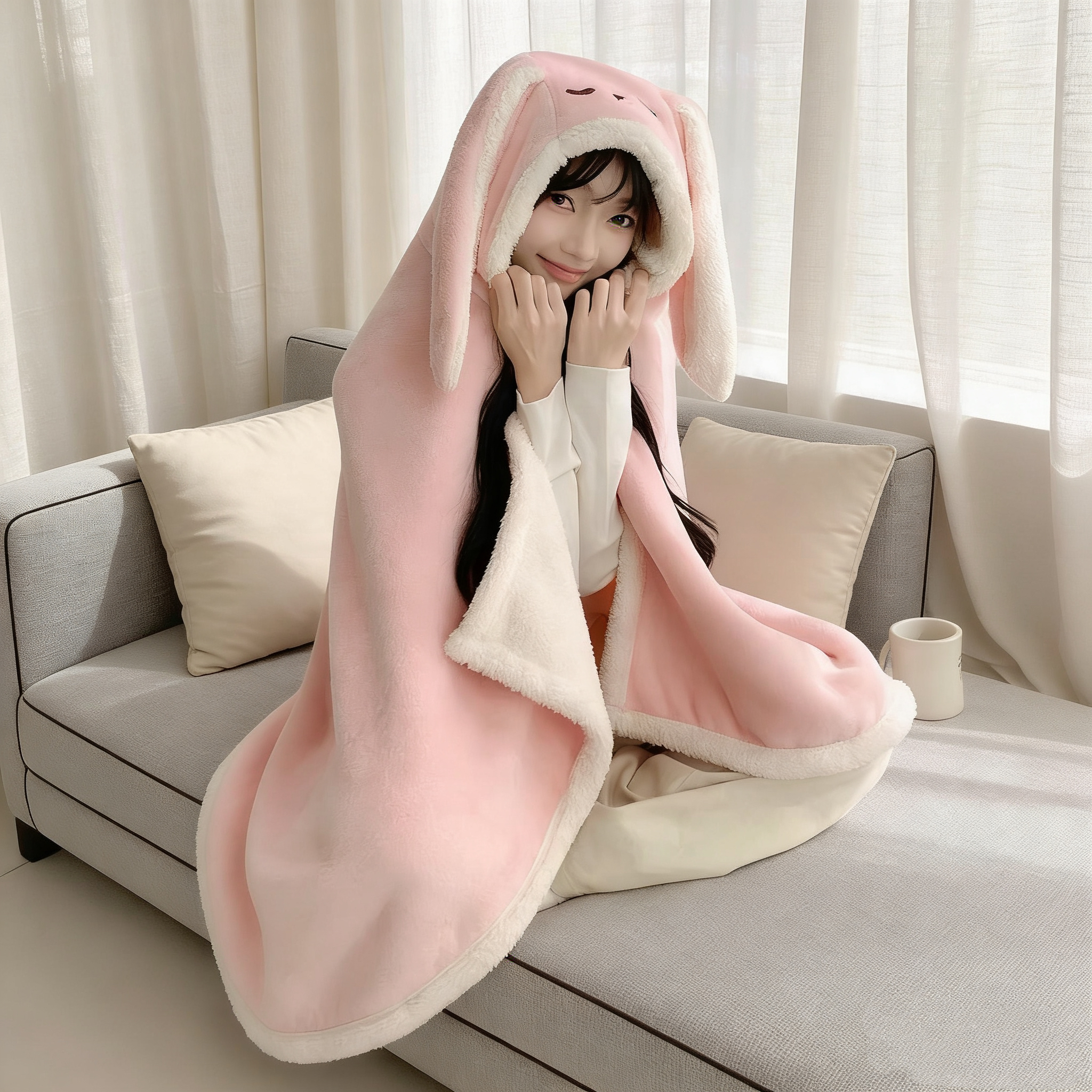 可爱女生冬季披肩学生宿舍披风办公室披肩毯子午休带帽斗篷毯子厚