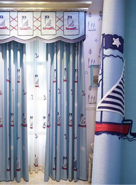 蓝色帆船棉麻卡通绣花地中海海盗船儿童房落地窗飘窗男孩卧室窗帘
