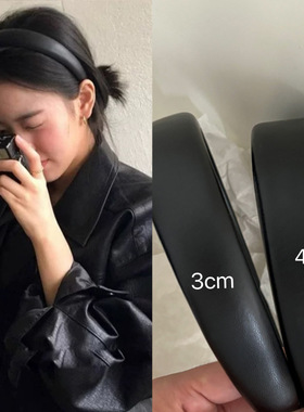 韩国INS博主同款纯黑色pu皮质发箍高颅顶发饰显脸小厚头箍百搭压