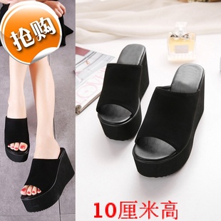 厚底防滑百搭拖鞋 黑色绒面坡跟10厘米高跟凉鞋 女外穿 韩版 春夏新款