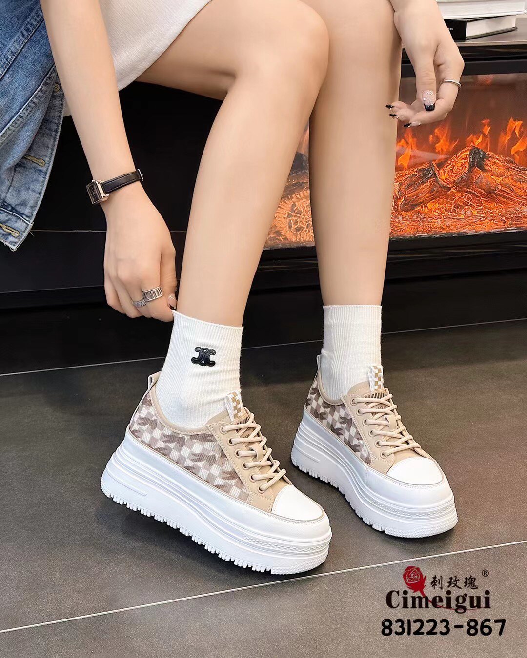 刺玫瑰正品女鞋2023春夏厚底高6.5厘米皮 网面透气时尚休闲鞋867