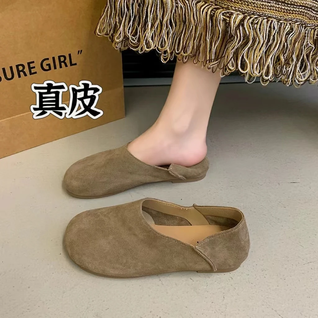 真皮奶奶鞋女平底单鞋2025春秋新款复古圆头软底一脚蹬勃肯鞋女鞋
