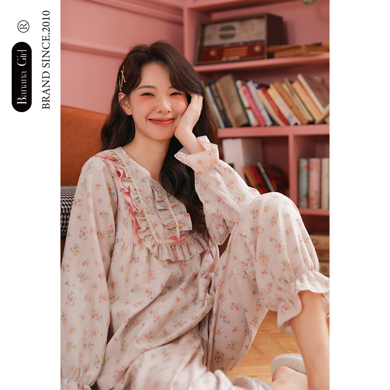 Bananagirl睡衣女春秋款长袖碎花田园风大码睡裙女士可外穿家居服