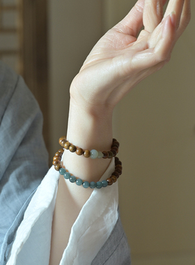 绿檀木冰蓝水翡翠6m佛珠手链手串和田青白玉葫芦松弛感文艺静心女