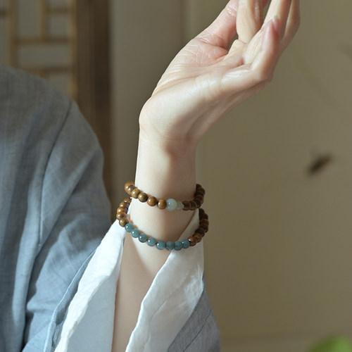 绿檀木玉石翡翠佛珠手链