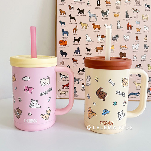 膳魔师THERMOS新品撞色猫咪狗狗不锈钢保温杯桌上吸管杯带盖