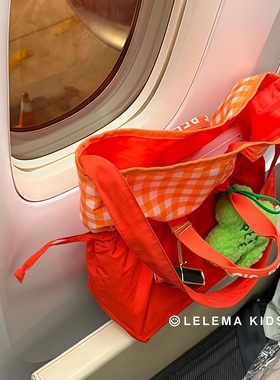 LLM 韩国beemymagic橙色格纹纯色拼接单肩托特包手提包通勤妈咪包