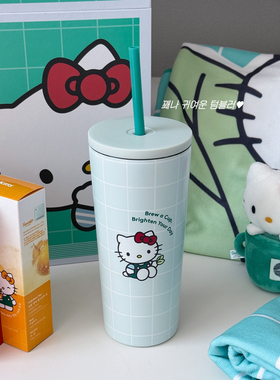 韩国OSULLOC联名hellokitty时光茶薄荷色不锈钢吸管保温杯 550ml