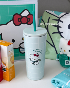 韩国OSULLOC联名hellokitty时光茶薄荷色不锈钢吸管保温杯 550ml
