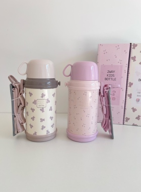 LLM 日本限定樱桃泰迪小熊满印儿童不锈钢保温杯直饮双盖两用水壶