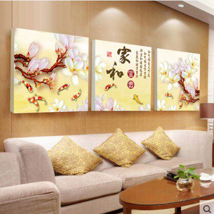 三联客厅沙发背景墙玻璃壁挂画