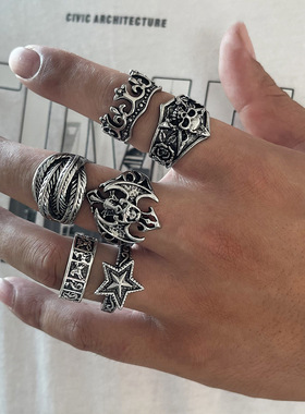 6个套装骷髅戒指男欧美夸张小众复古哥特风朋克嘻哈独特指环配饰