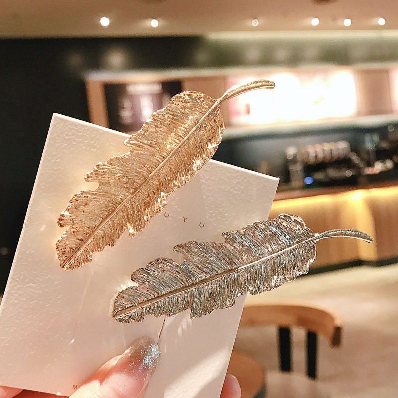 金属复古羽毛树叶鸭嘴夹发夹韩国网红简约叶子边夹少女优雅刘海夹