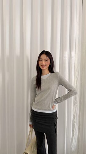 wait more秋冬新款韩版假两件拼接长袖T恤女修身显瘦打底衫