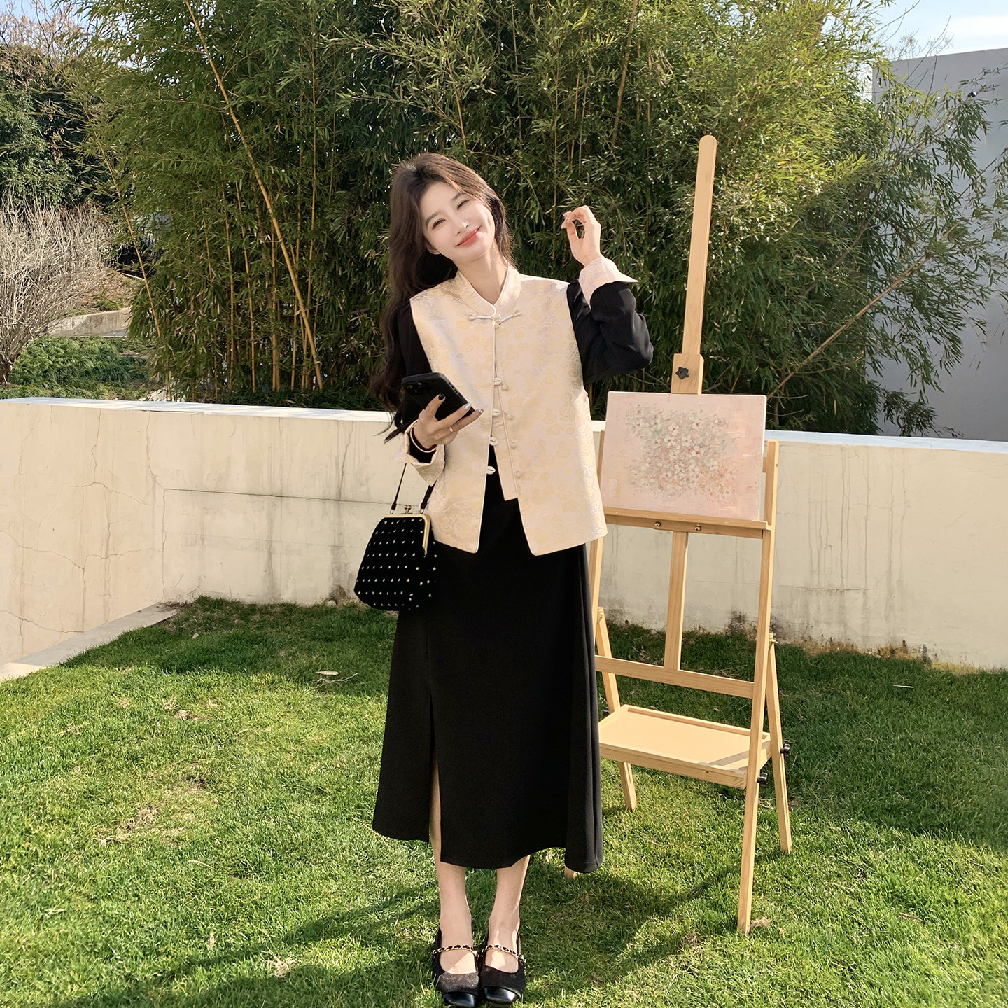 新中式国风复古马甲黑色连衣裙套装女春季2026新款独特漂亮两件套