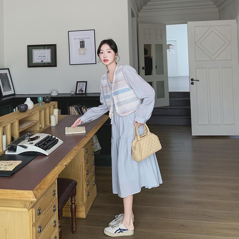 法式甜美小清新减龄连衣裙套装女春季2025年新款小个子马甲两件套