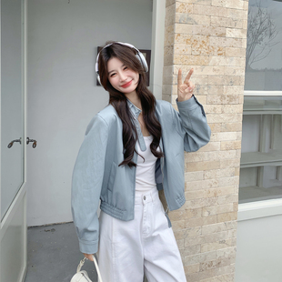 炸街超火减龄蓝色短款皮衣外套女春季2026新款小个子PU夹克机车服