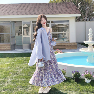 法式复古紫色碎花吊带连衣裙套装女夏季2026新款轻熟风衬衫两件套