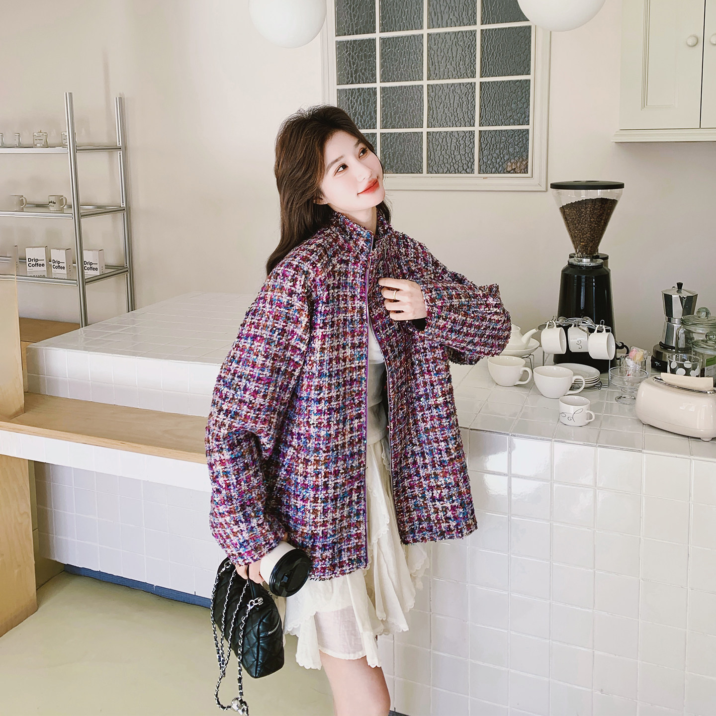 紫色小香风立领甜美外套女春季2026新款粗花呢小个子独特漂亮夹克