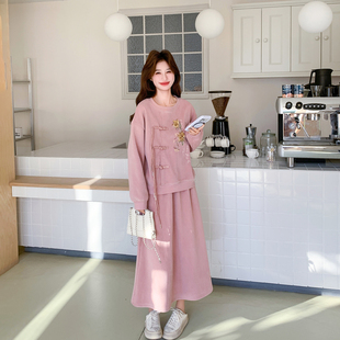 新中式国风绣花粉色卫衣半身裙套装女春季2026新款独特漂亮两件套