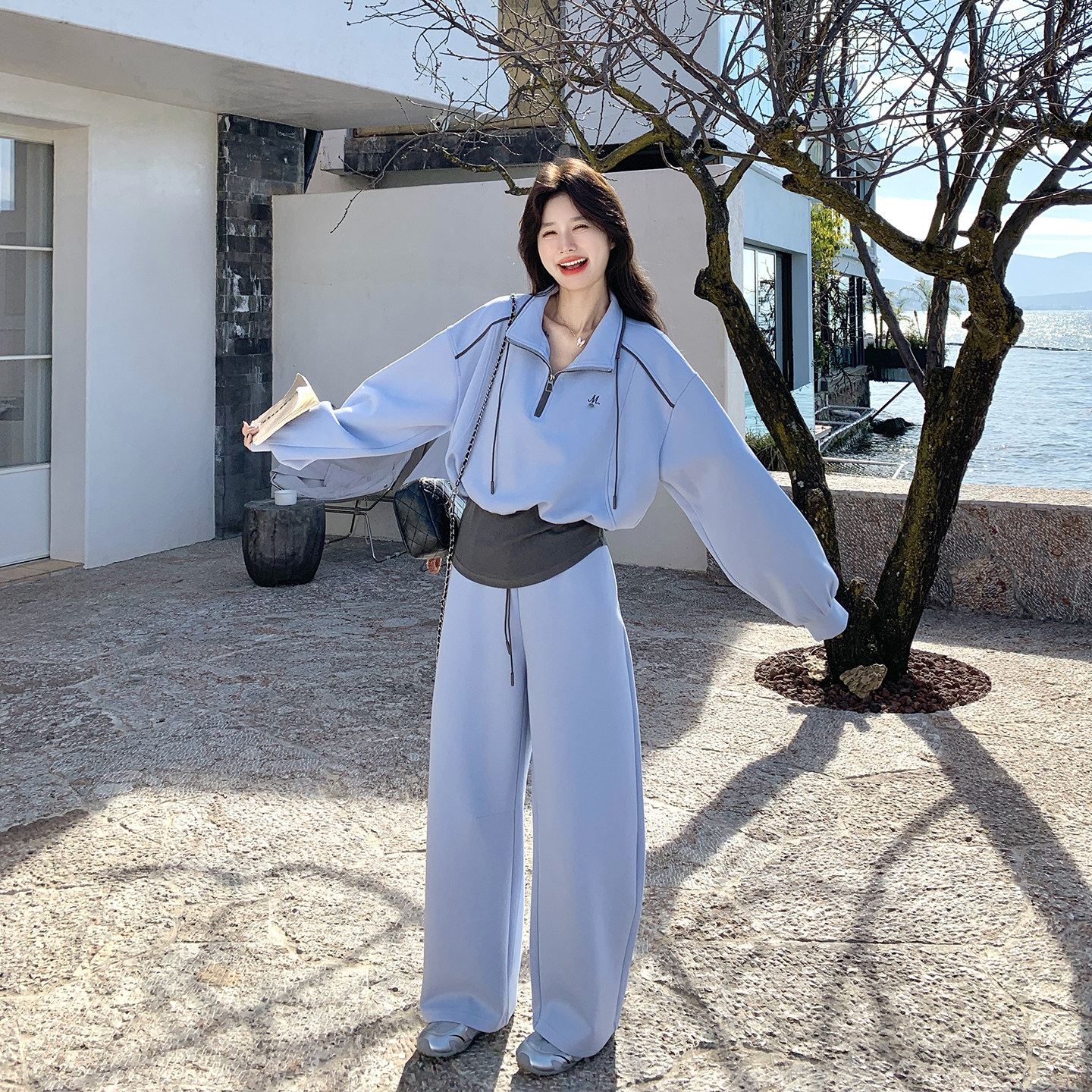 休闲气质减龄蓝色拼接套装女春季2026新款运动风卫衣阔腿裤两件套