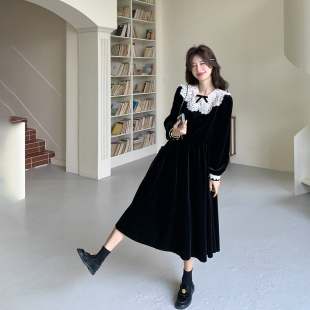 气质优雅温柔风长裙子 法式 黑色蕾丝拼接丝绒连衣裙女春季 2026新款