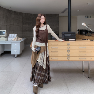 波西米亚度假风拼色针织上衣套装女春季2026新款减龄半身裙两件套