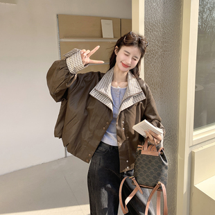 假两件格纹拼接咖色复古皮衣外套女春季2026新款小个子短款PU夹克