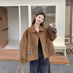 复古格纹拼接咖色麂皮绒短外套女春季2026新款小个子流行爆款夹克