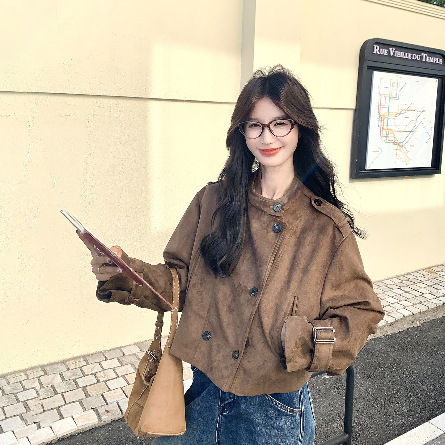 麂皮绒双排扣咖色短外套女春季新
