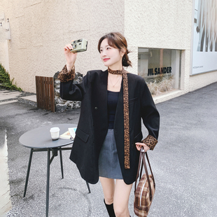 复古百搭豹纹拼接减龄黑色西装外套女春季2026新款中长款超火西服