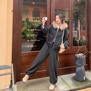 休闲加绒加厚条纹连帽卫衣长裤套装女冬季2025新款百搭流行两件套