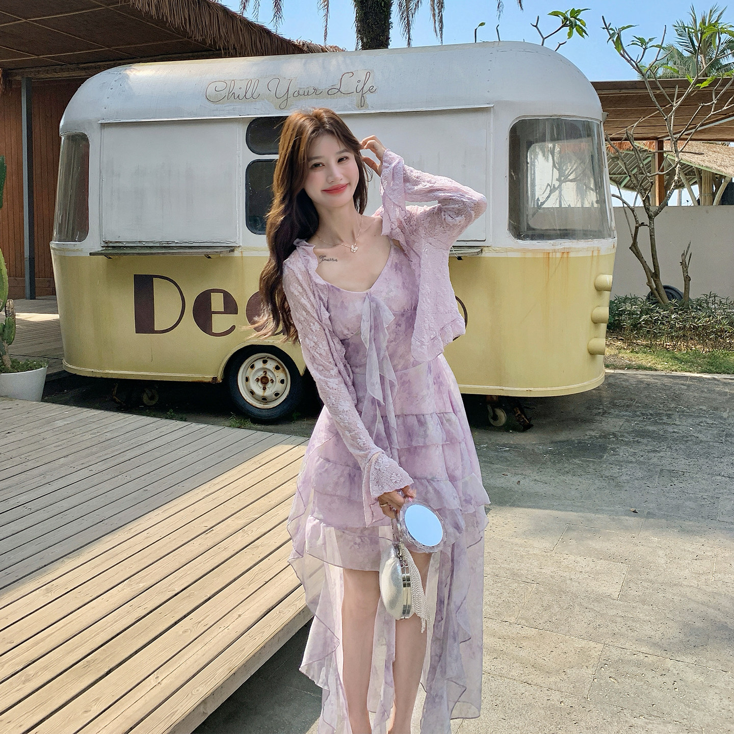 绝美超仙紫色晕染吊带连衣裙套装