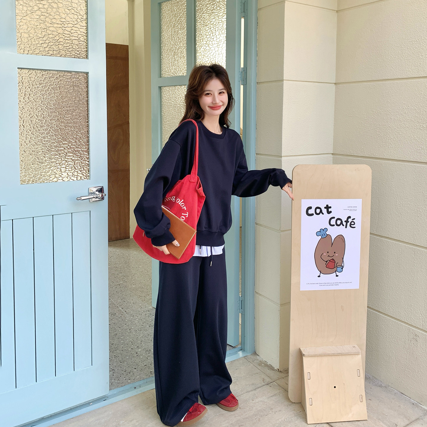 休闲运动气质藏青色卫衣阔腿裤套装女春季2026新款ootd穿搭两件套