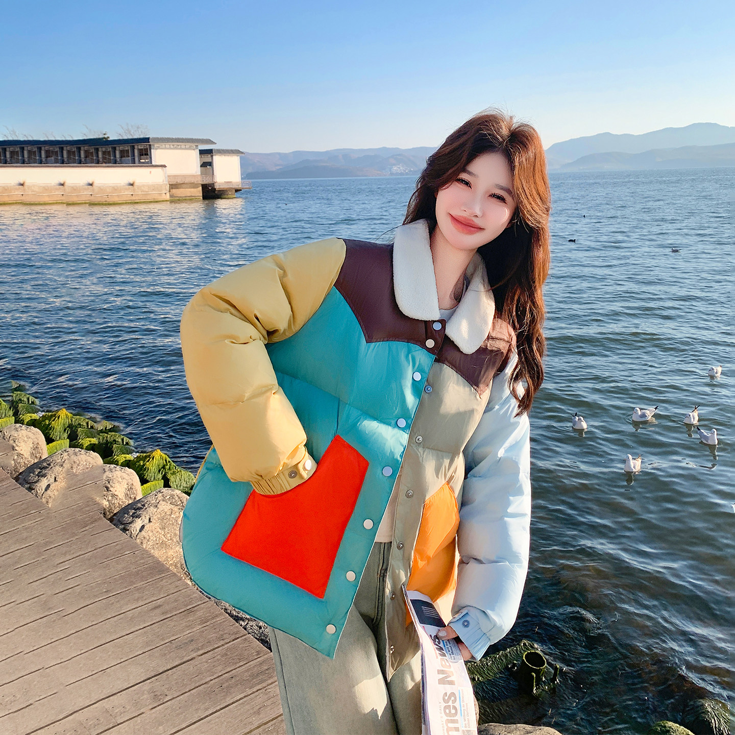 彩色拼接设计感90绒羽绒服女冬季2025新款小个子多巴胺小众短外套