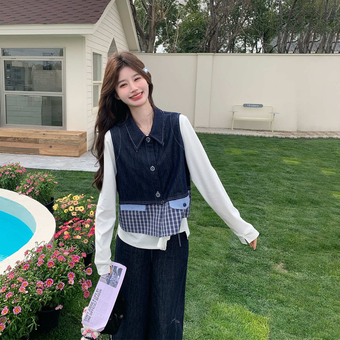巨好看格子拼接牛仔马甲套装女春