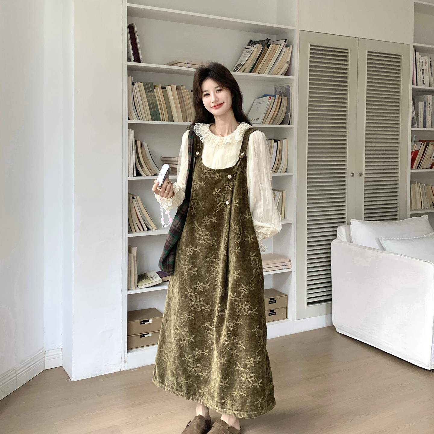 法式印花背带连衣裙套装女春季新