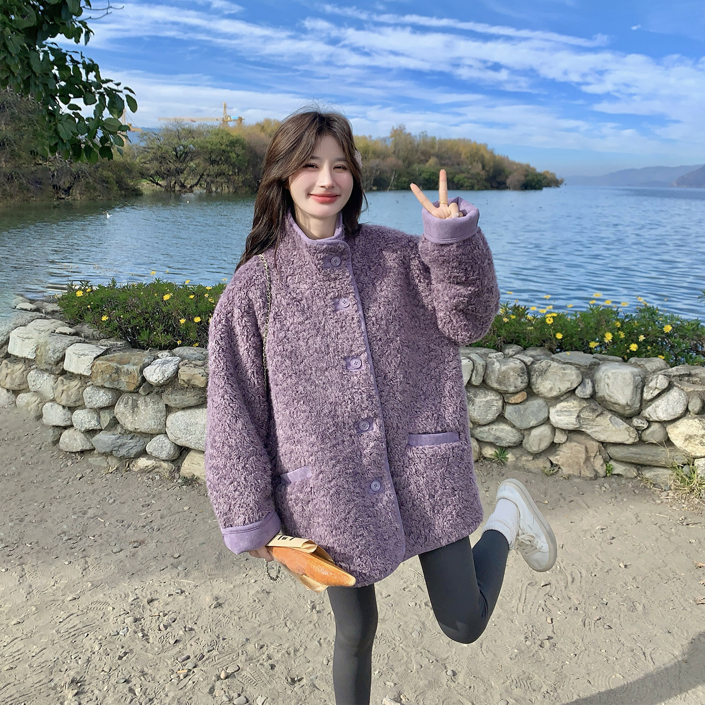 紫色韩系羊羔毛外套女冬季2025新款中长款巨好看漂亮皮毛一体大衣