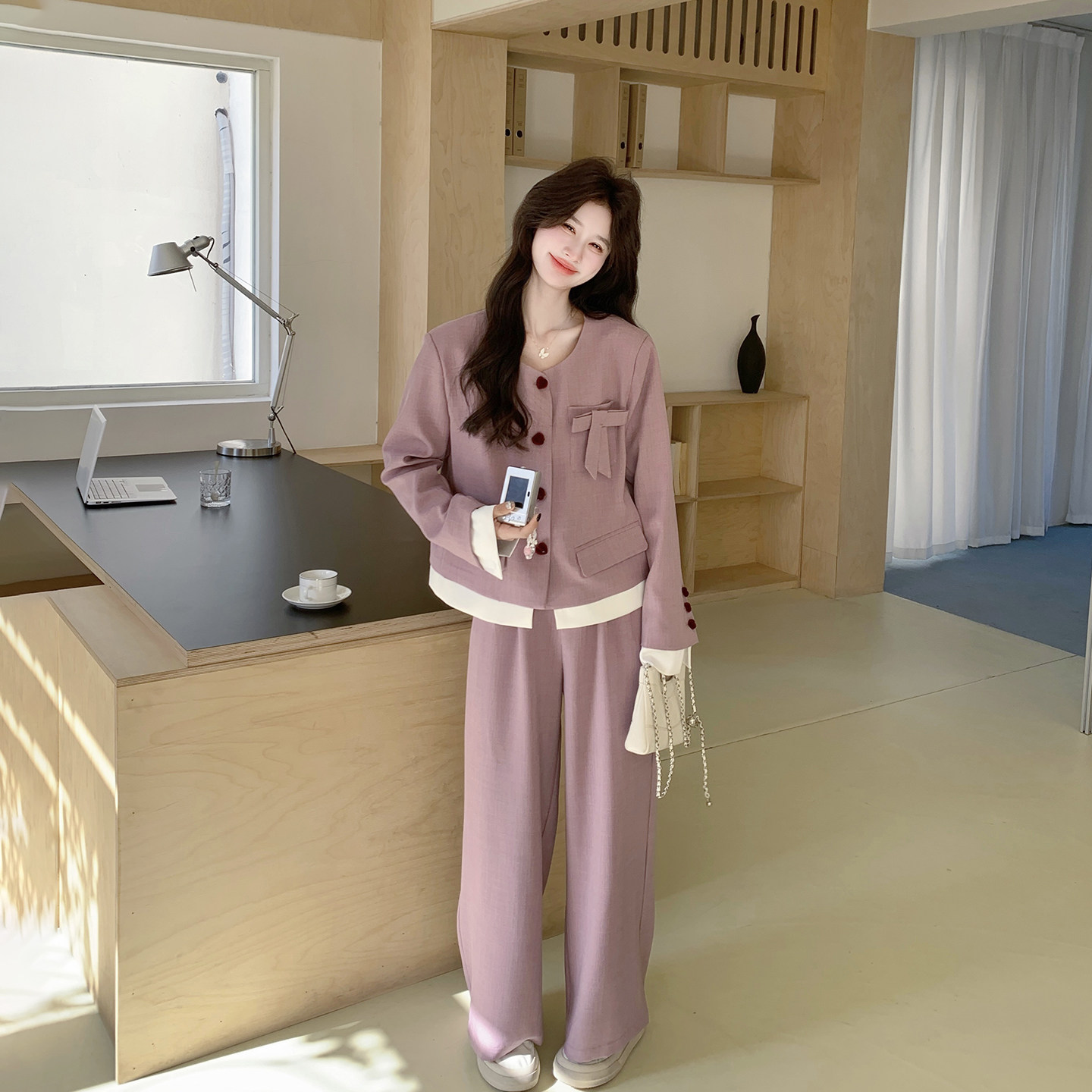 小香风紫色拼接外套阔腿裤套装女春季2026新款巨好看高级感两件套