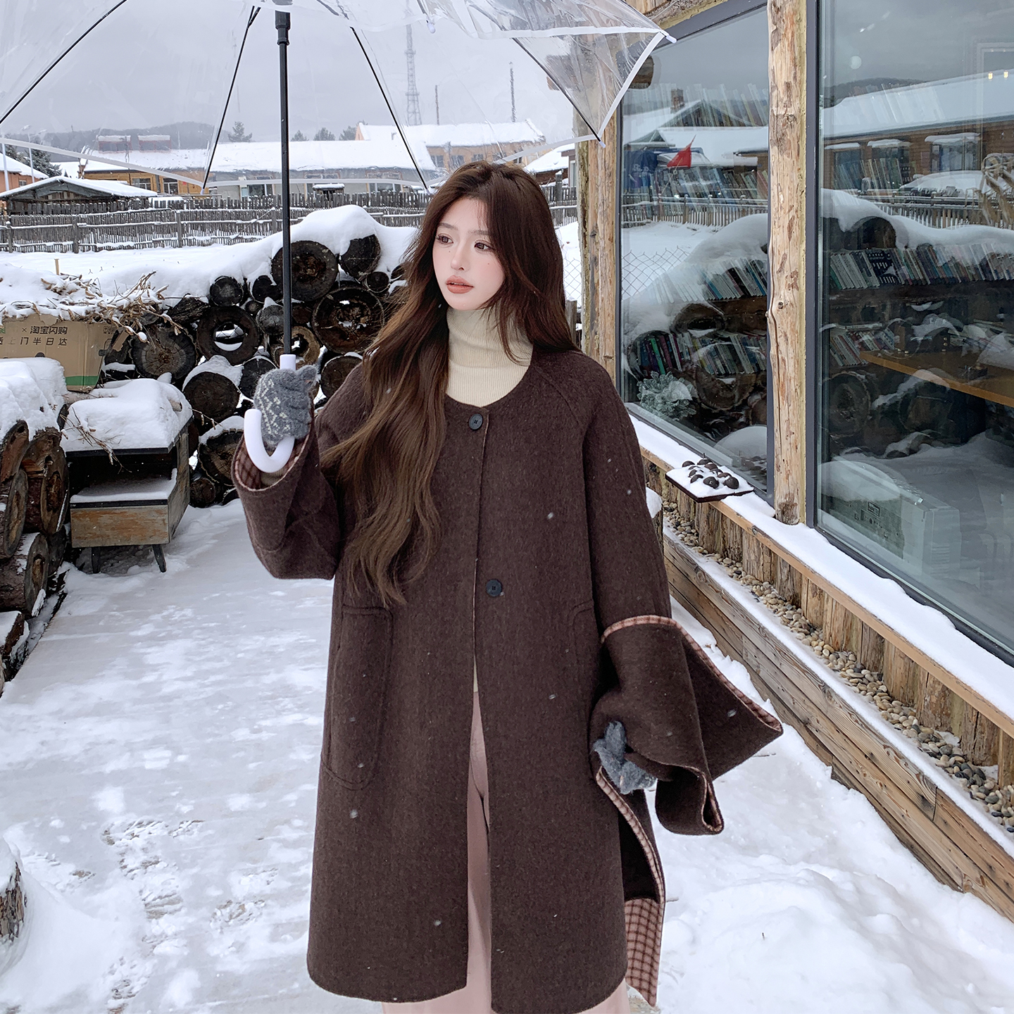 格纹拼接双面呢羊毛外套女冬2025