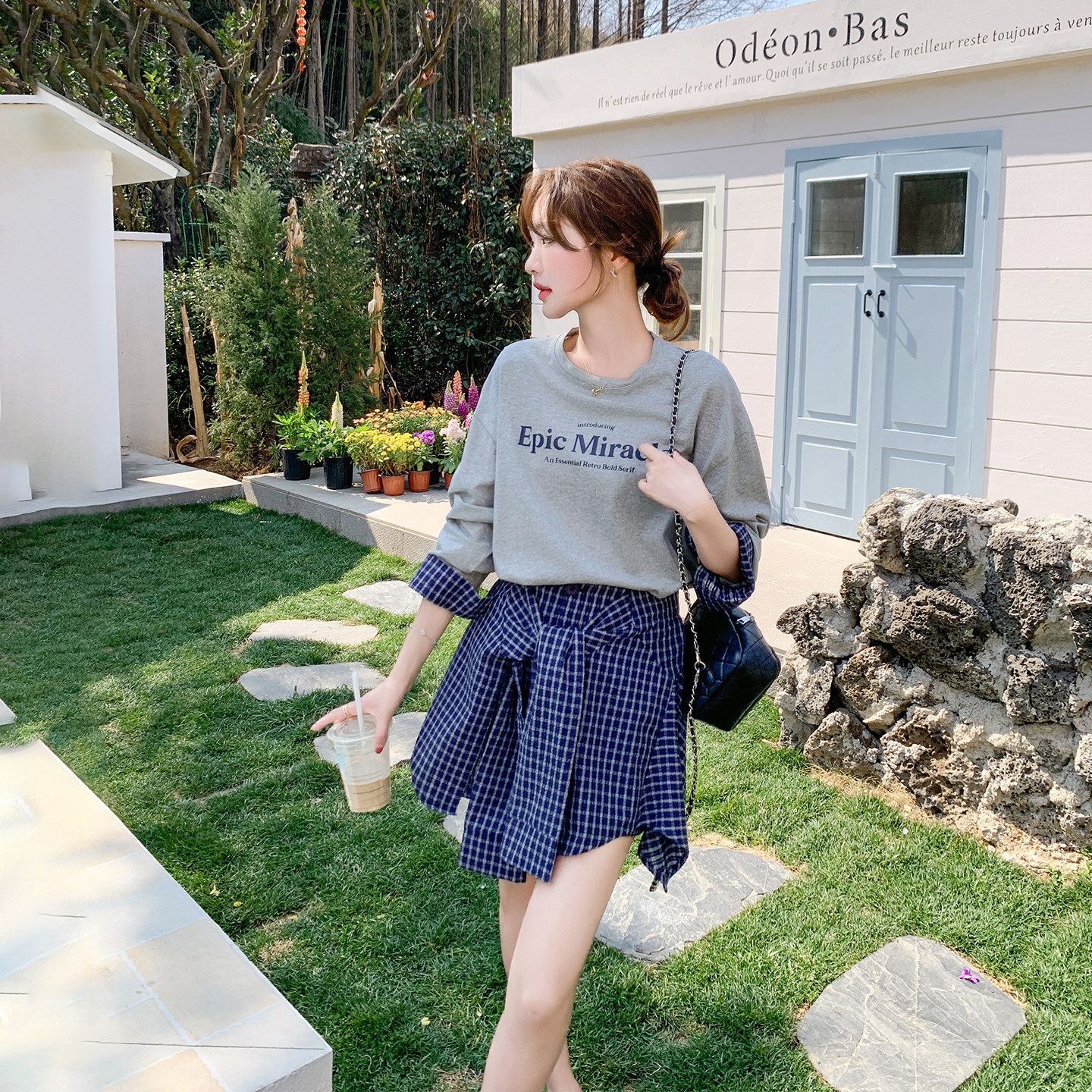 字母印花格纹拼接卫衣套装女春季2026新款小个子不规则短裙两件套