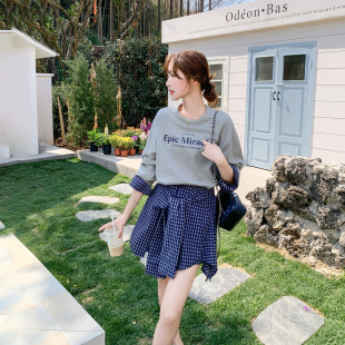 字母印花格纹拼接卫衣套装女春季2026新款小个子不规则短裙两件套