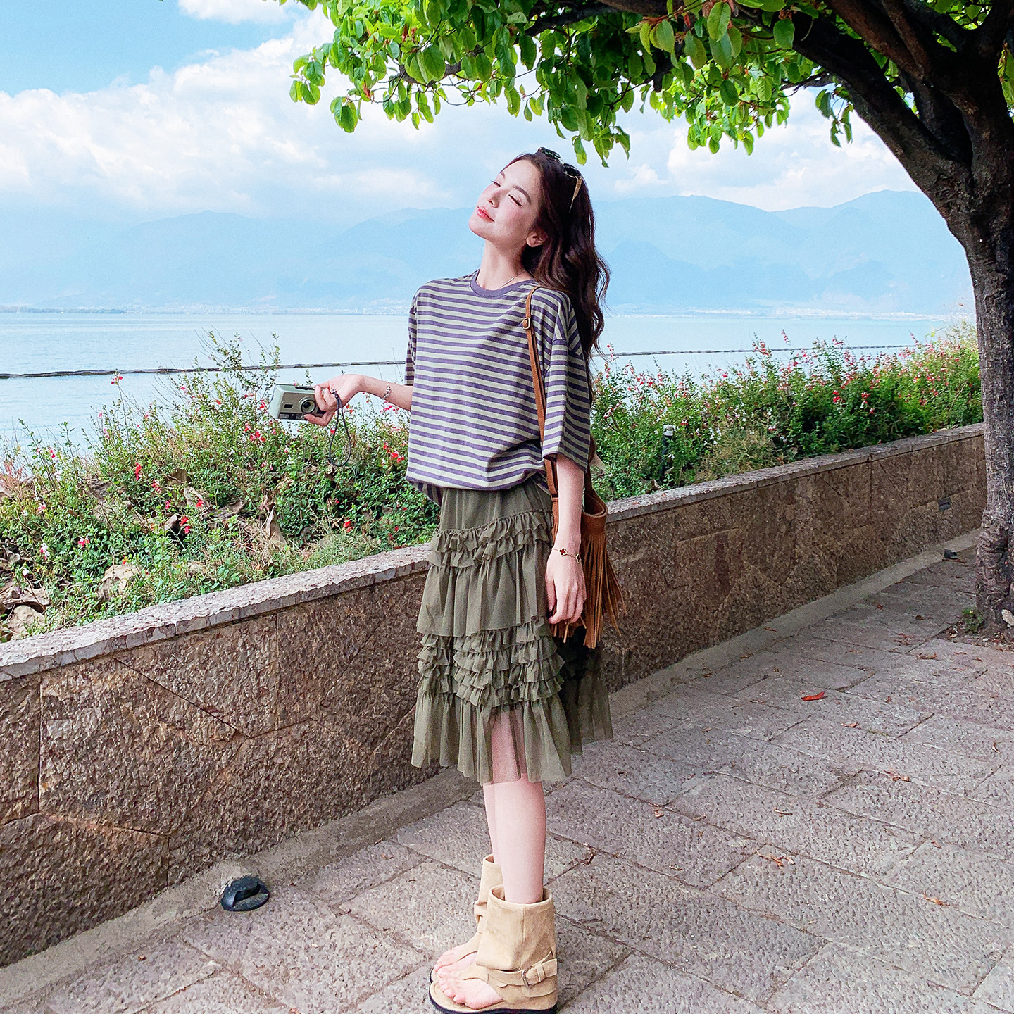 韩版条纹T恤蛋糕裙套装女夏季新