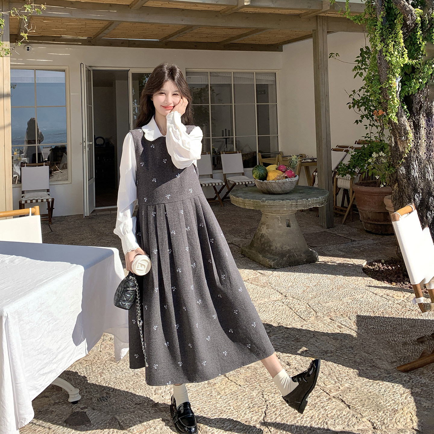 小香风灰色背心百褶连衣裙套装女春季2026新款减龄气质衬衫两件套