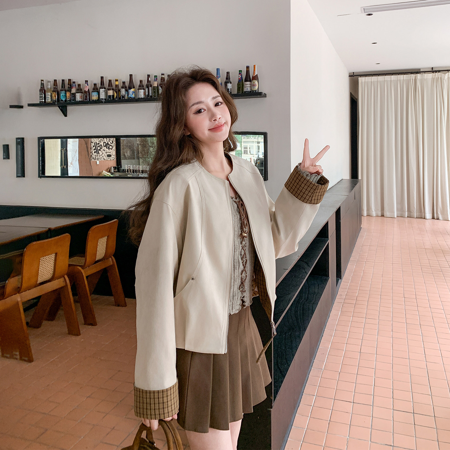 格子拼接麂皮绒超火短款外套女春季2026新款小个子爆款高级感夹克