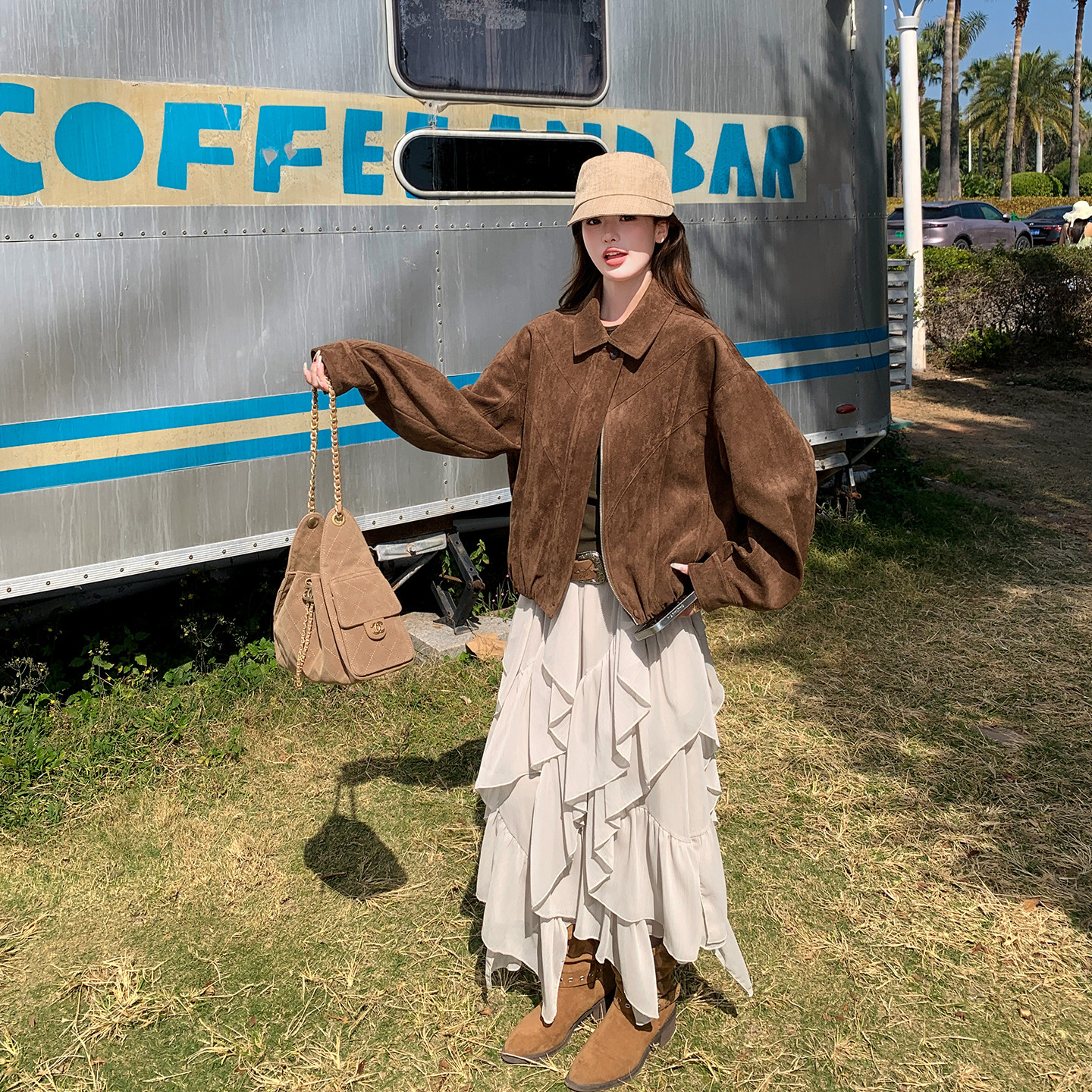 美式复古减龄百搭深棕色麂皮绒外套女春季2026新款小个子短款夹克